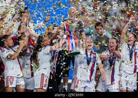 Eugene Le Sommer of and Selma Bacha of Olympique Lyonnais lift the trophy after the UEFA Women's Champions League Final 2021/22 football match between FC Barcelona and Olympique Lyonnais at the Allianz Stadium.(Final score; FC Barcelona 1:3 Olympique Lyonnais) Stock Photo