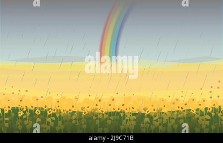 Colorful beautiful field landscape background with sunflowers and rainbow after rain vector illustration Stock Vector