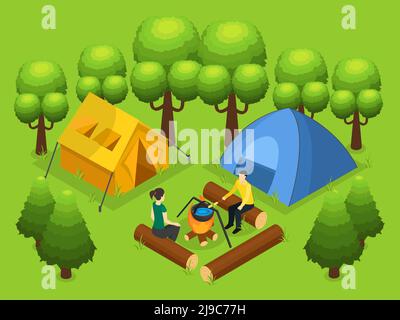 Colorful backpacking and outdoor recreation concept with people cooking food tents and green trees in isometric style vector illustration Stock Vector