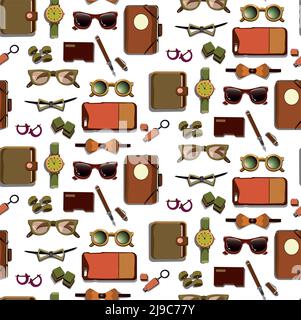 Fashionable hipster accessories seamless pattern with device cases watch cufflinks pen usb flashes glasses bow ties vector illustration Stock Vector
