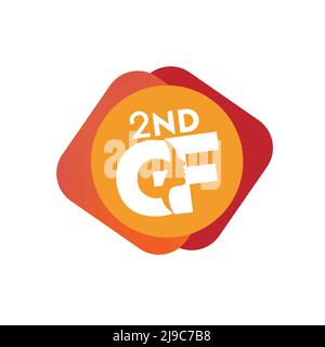 2nd GF Illustration logo, 2nd GF in text with shape on red and yellow rounded boxes, Vector of GF text logo Graphic Illustration logo for with the whi Stock Vector