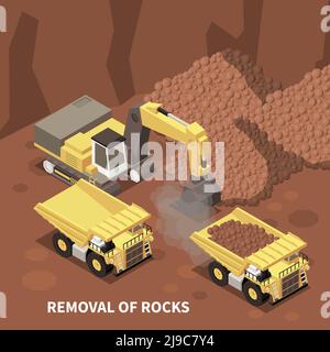 Mining machinery isometric background with excavator and two dump trucks removing rocks from quarry 3d vector illustration Stock Vector