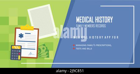 Medical History banner Medical record Patient card medical history and diagnosis Stock Vector