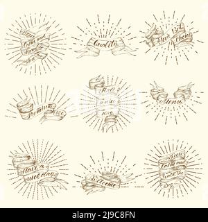 Vintage ribbon banners set with sunbursts and different inscriptions in hand drawn style isolated vector illustration Stock Vector
