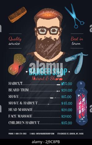Barber shop hipster style poster with male face price list working tools on black background vector illustration Stock Vector