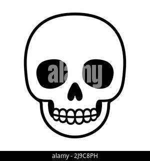 Simple cartoon human skull drawing, black and white icon. Isolated vector clip art illustration.