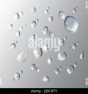 Realistic pure water drops collection of different shapes and forms on light transparent background isolated vector illustration Stock Vector