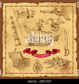 Pirate elements hand drawn concept with treasure chest and weapon on old paper with frame vector illustration Stock Vector