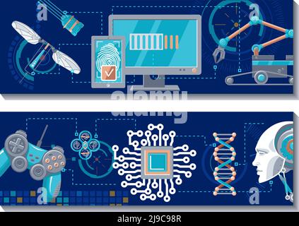 Scientific robotic horizontal banners with futuristic engineering hi-tech technologies and objects vector illustration Stock Vector