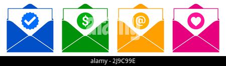 Message flat vector icons, with verification, dollar, at sign, and heart symbols. Blue, green, yellow, and pink concept envelopes isolated on white background. Stock Vector