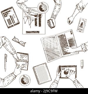 Business teamwork sketch concept with working people different office elements and objects isolated vector illustration Stock Vector
