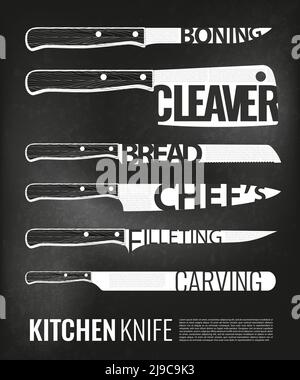 Monochrome kitchen knives scheme set for different products and purposes on dark background isolated vector illustration Stock Vector