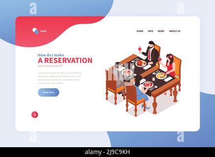 Isometric restaurant concept banner for web site landing page with clickable links buttons and editable text vector illustration Stock Vector