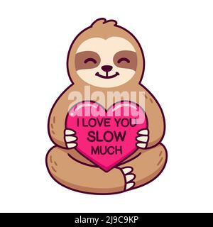 Funny cartoon sloth holding red heart saying I Love You Slow Much. Cute Valentine pun drawing, vector illustration. Stock Vector