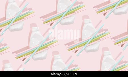 Negative impact on nature. Plastic bottles, straws on a minimalistic pink background. Soil pollution. The idea of plastic pollution. Concept Stock Photo