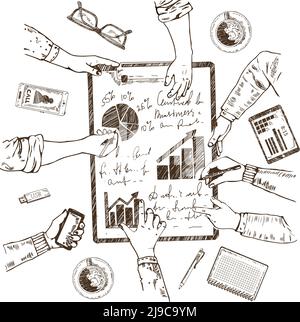 Business planning sketch concept with analysis brainstorming and discussion of new project isolated vector illustration Stock Vector
