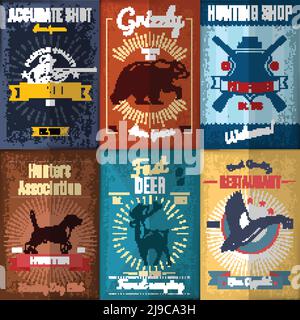 Vintage hunting posters collection with wild animals dog cross guns and hunter vector illustration Stock Vector