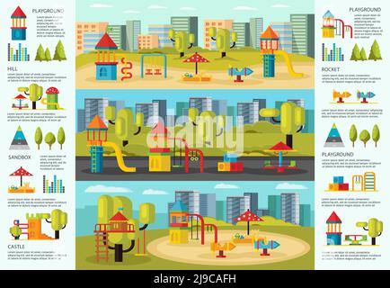 Colorful playground infographic concept with carousels slides sandbox swing and hills on cityscapes vector illustration Stock Vector