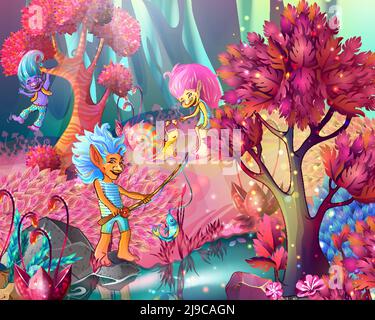 Cartoon game design magic template with funny trolls characters in enchanted bright forest vector illustration Stock Vector