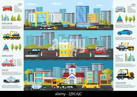 Transport evacuation infographic horizontal banners with tow truck lifting and loading automobiles police ambulance cars parking vector illustration Stock Vector