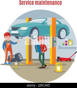 Car maintenance service concept with auto mechanics checking technical condition of lifting car in workshop vector illustration Stock Vector
