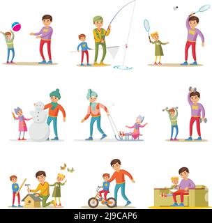 Fatherhood elements set with happy father playing fishing training working learning and reading with children isolated vector illustration Stock Vector