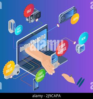 Isometric online shopping concept with electronic portable gadgets and devices for sale and colorful stickers vector illustration Stock Vector