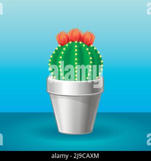 Organic exotic plant concept with blooming sharp cactus in flowerpot on light background isolated vector illustration Stock Vector
