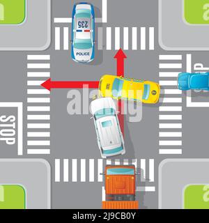 Car accident top view concept with crash of jeep and taxi on road intersection vector illustration Stock Vector