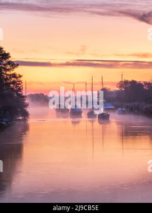 A misty sunrise on the river Frome at Wareham in Dorset. Stock Photo