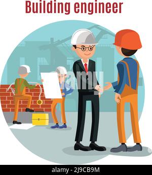 Colorful building people template with engineer and contractor shaking hands and construction workers learning architectural project vector illustrati Stock Vector