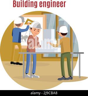 Building engineering concept with architects creating model of construction and making architectural project vector illustration Stock Vector