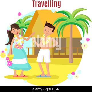 Summer tropical beach rest concept with talking man and woman wearing wreath of flowers vector illustration Stock Vector