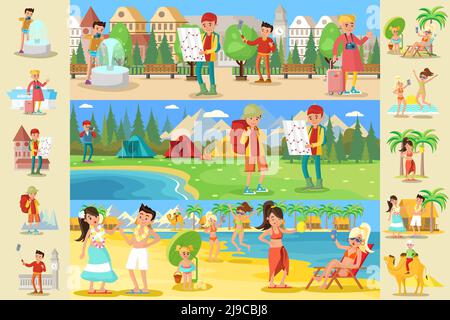Traveling people infographic concept with beach vacation sightseeing and camping types of tourism vector illustration Stock Vector