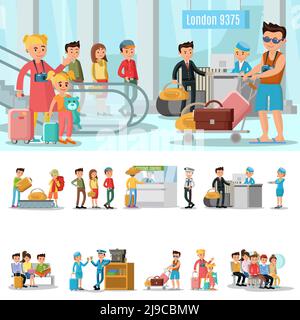 Airport elements concept with people passing customs security control waiting in lounge room and boarding on airplane vector illustration Stock Vector