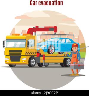 Transport evacuation service template with worker holding toolbox and tow truck with loaded car vector illustration Stock Vector