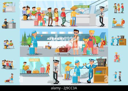 People in airport infographic template with passengers passing customs control before flight boarding and staff on coffee break vector illustration Stock Vector