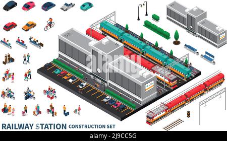 Railway station isometric constructor set of modern speed trains ...