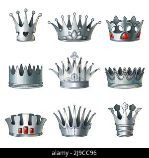 Cartoon silver royal crowns set of different design with jewels and gemstones isolated vector illustration Stock Vector