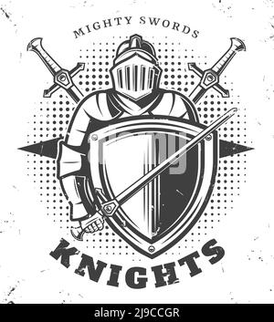 Vintage monochrome knights template in steel armor with medieval sword and shield on halftone background vector illustration Stock Vector
