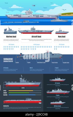 Military fleet infographics with different types of battle ships and characteristics of navy boats vector illustration Stock Vector