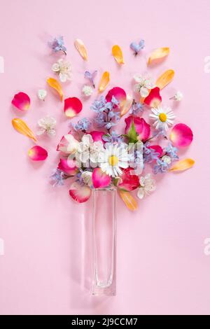 Spring flowers with a perfume bottle on pink background Stock Photo