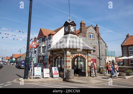 The Clock Tower on Sheringham High Street in North Norfolk, UK on a clear Spring day Stock Photo