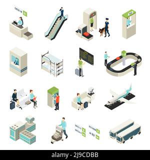 Isometric airport elements set with passengers staff building vehicles interior objects main zones and halls isolated vector illustration Stock Vector