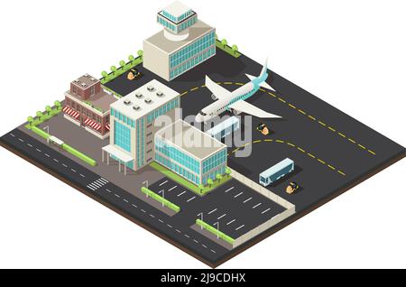 Isometric airport exterior concept with terminal control tower cafe buildings vehicles parking zone runway trees vector illustration Stock Vector