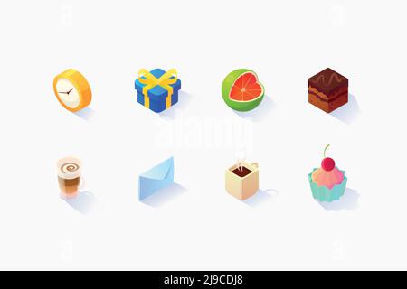 Isometric social icons set of clock gift box citrus cake coffee envelope on light background isolated vector illustration Stock Vector