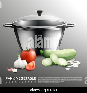 Realistic pot and vegetables set with natural tomato zucchini garlic onion and pan isolated vector illustration Stock Vector