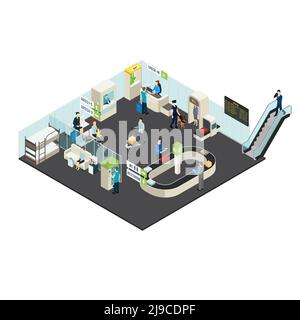 Airport interior isometric concept with passengers staff check-in counter terminal customs control departure lounge vector illustration Stock Vector