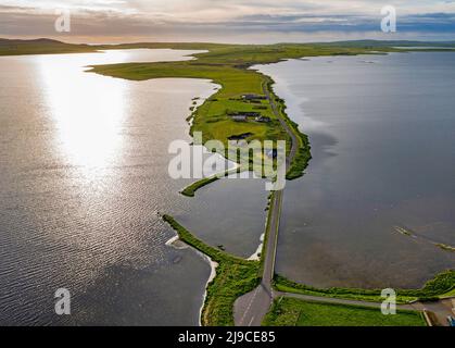 Aerial view of the Ness of Brodgar archaeological site located between  Loch Stenness (left) and Loch Harray, West Mainland, Orkney Islands, Scotland. Stock Photo