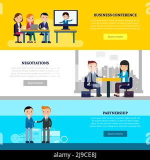 Business collaboration horizontal banners with people at meeting discussion and businessmen having successful deal vector illustration Stock Vector